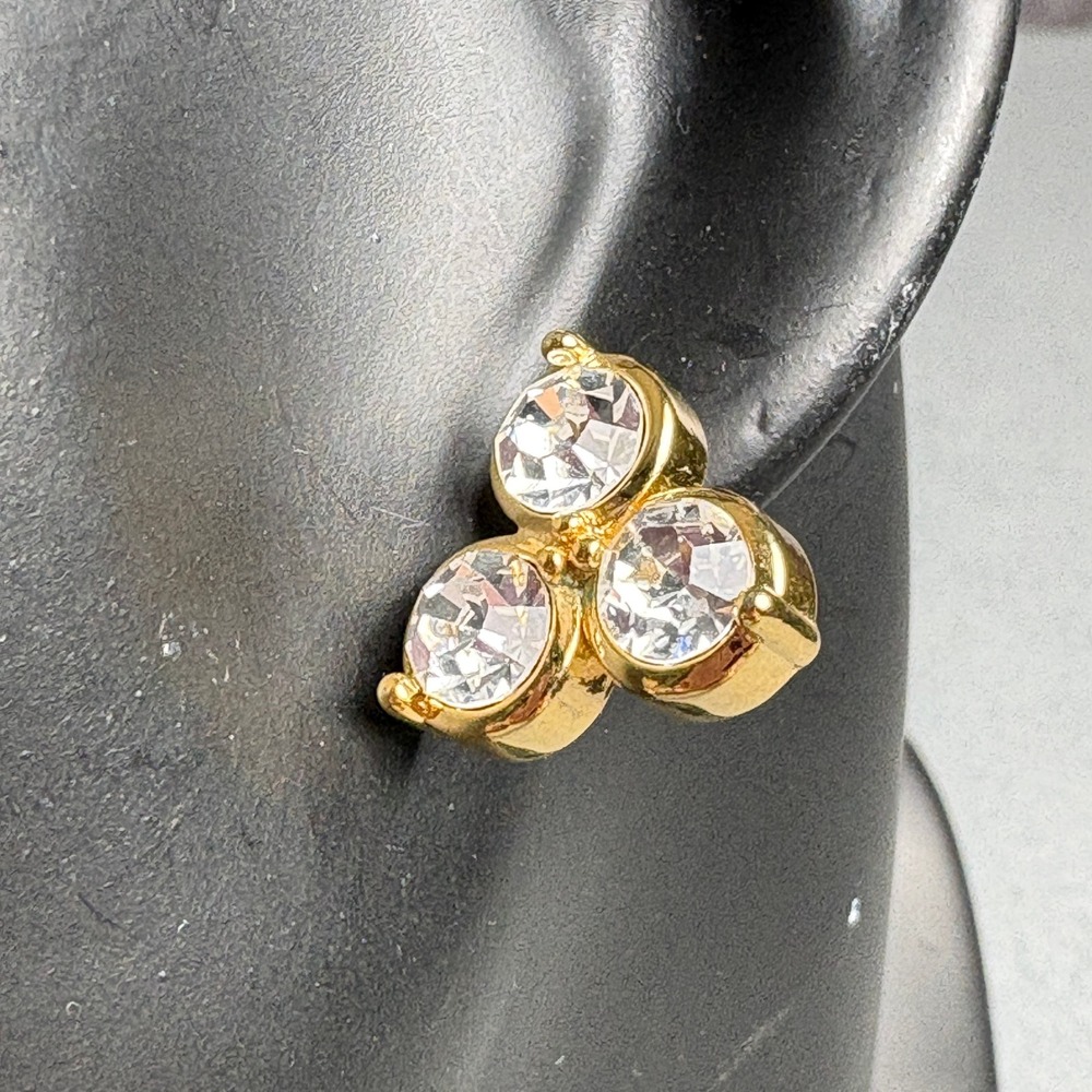 Vintage 2008 FI Gold Tone Clear Crystal Three Stone Cluster Stud Earrings